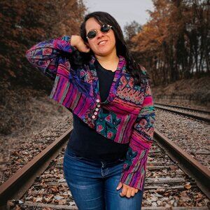 Graff California Vintage Cropped Bolero Top Button Down Sweater Colorful Boho